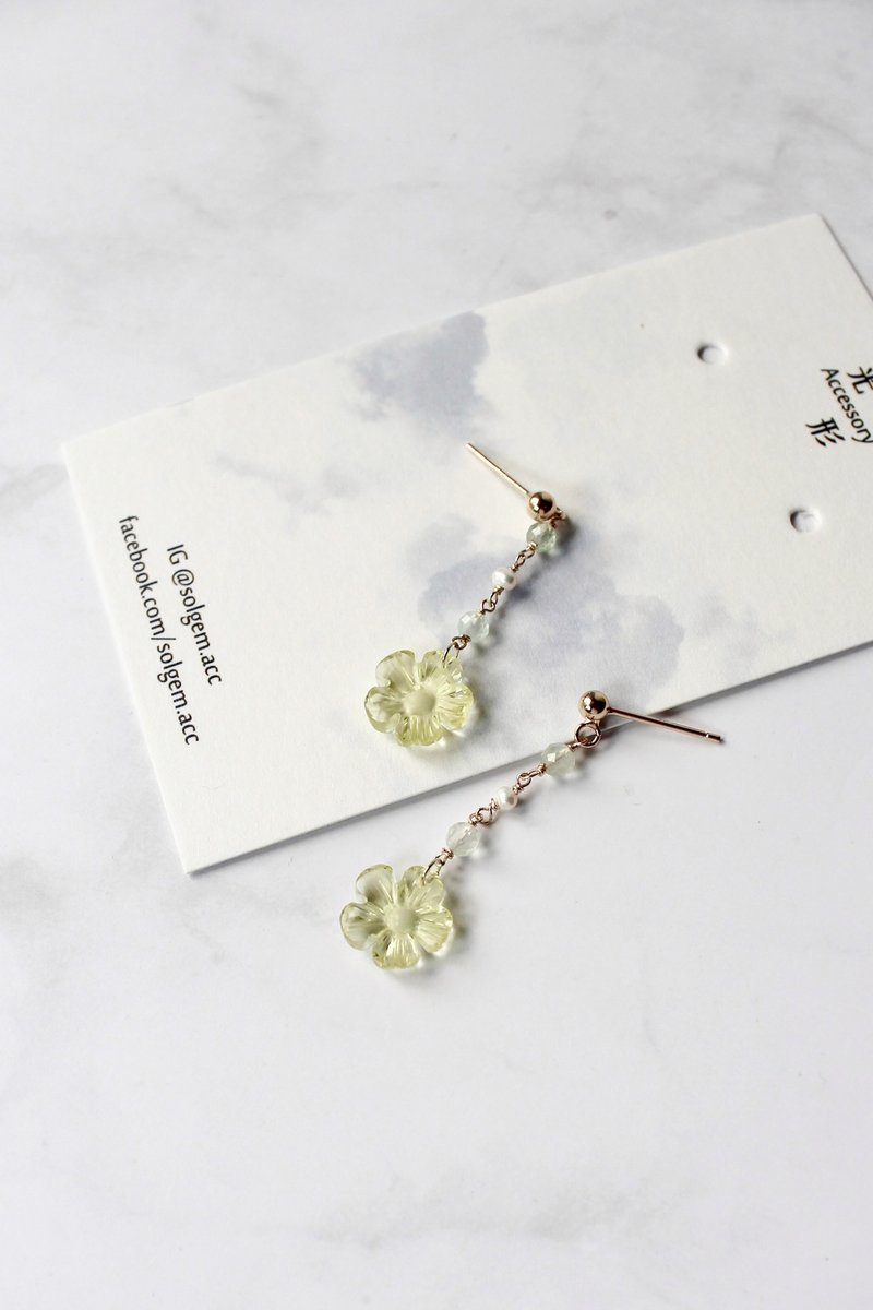 花形柠檬晶 葡萄石 淡水珍珠 925银耳勾 耳环 - 耳环/耳夹 - 半宝石 黄色