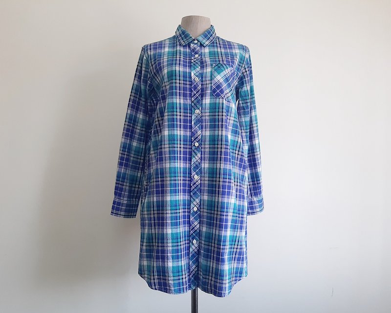 小号复古蓝绿色格子衬衫裙女格纹棉质洋装 S - 洋装/连衣裙 - 棉．麻 蓝色