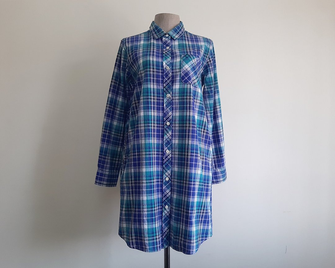 复古蓝绿格纹衬衫洋装 棉质 长袖 前开扣 S 码 - 洋装/连衣裙 - 棉 蓝色
