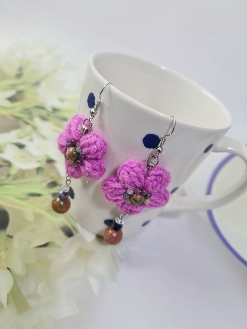 Purple pink crochet flowers and lucky stone with silver 925 hook earrings - 耳环/耳夹 - 石头 多色