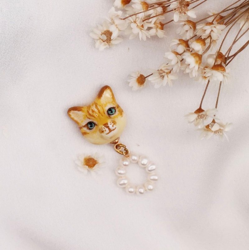 橘花猫与天然珍珠 纯银镀金耳夹耳针 | 可定制化 - 耳环/耳夹 - 粘土 