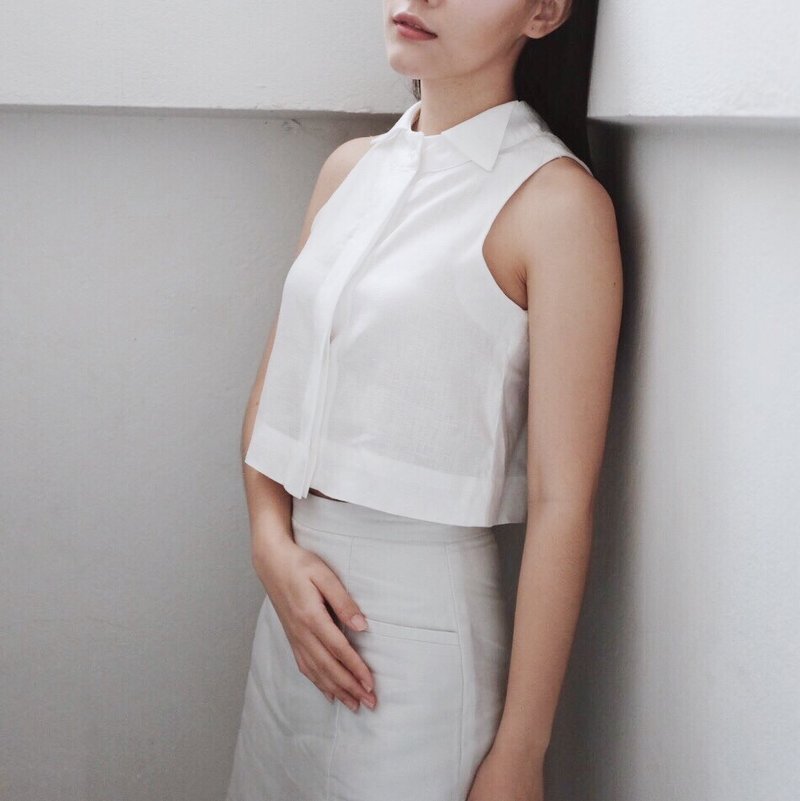 亚麻制短版白色衬衫 - 女装上衣 - 棉．麻 白色