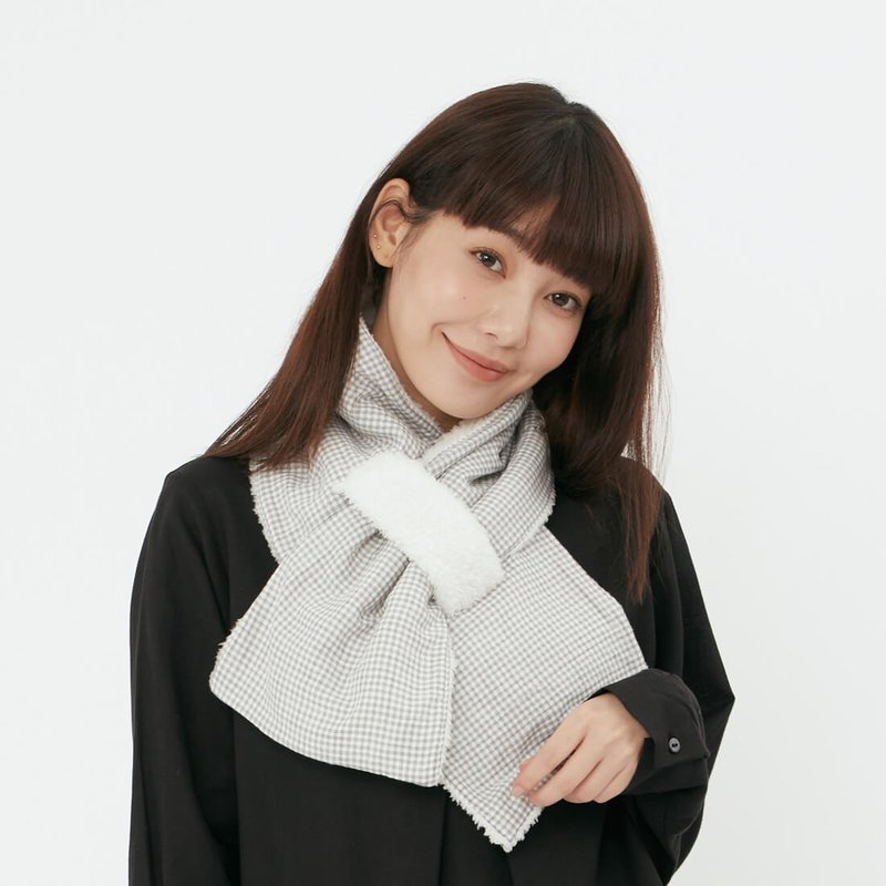 雙色雙面抓絨毛圍巾/灰格 - 围巾/披肩 - 其他人造纤维 灰色