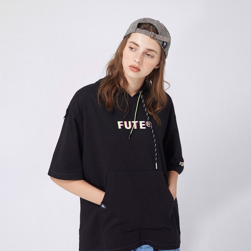 【中性款】五分袖连帽运动衫 / 黑色 - 女装上衣 - 棉．麻 黑色