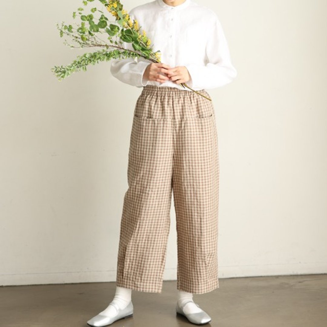 清凉感自然风亚麻长裤 透气舒适、格纹浅棕色设计 240520-4 - 女装长裤 - 其他材质 
