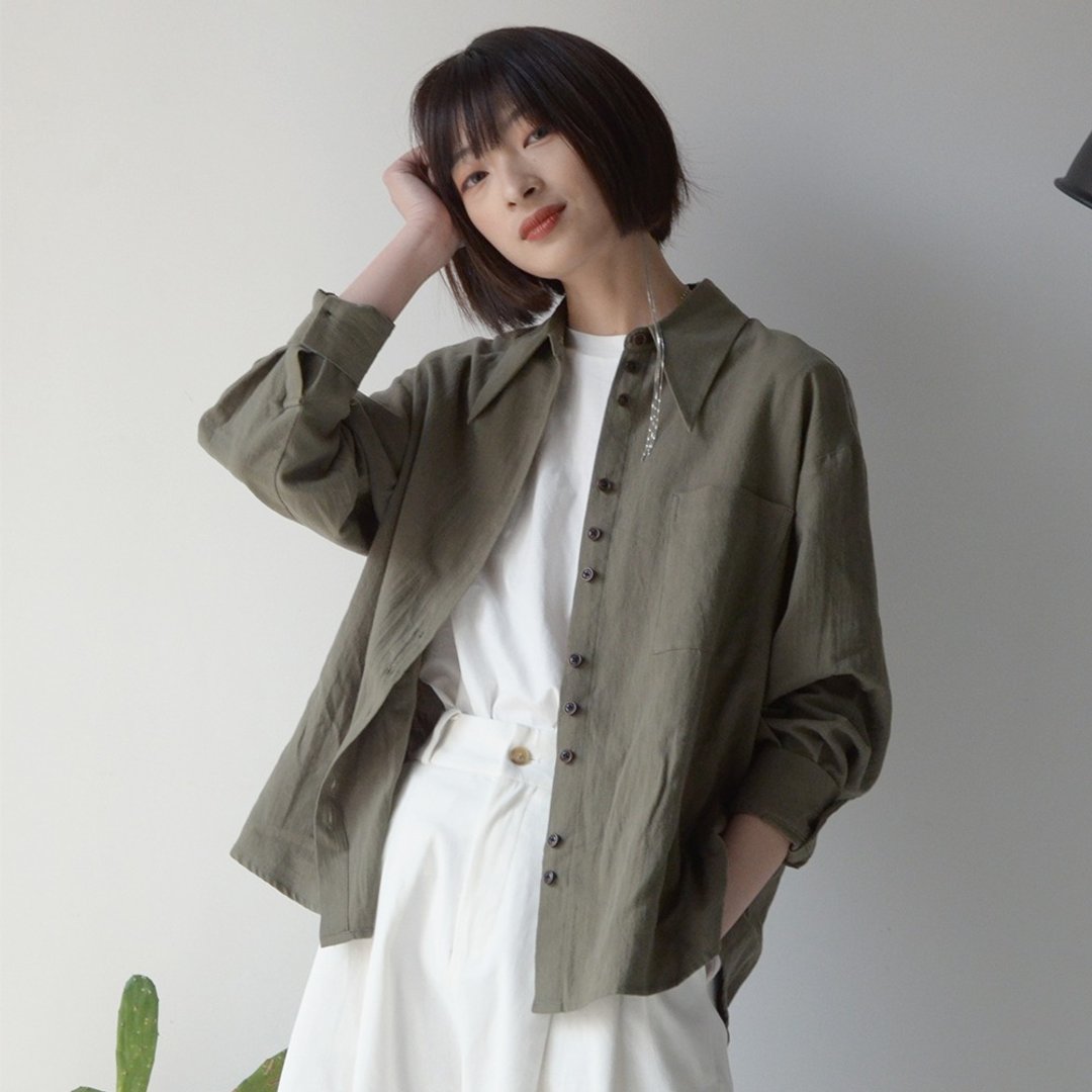 斜纹棉质长衬衫-橄榄绿|衬衫|春款|棉|Sora-258 - 女装衬衫 - 棉 