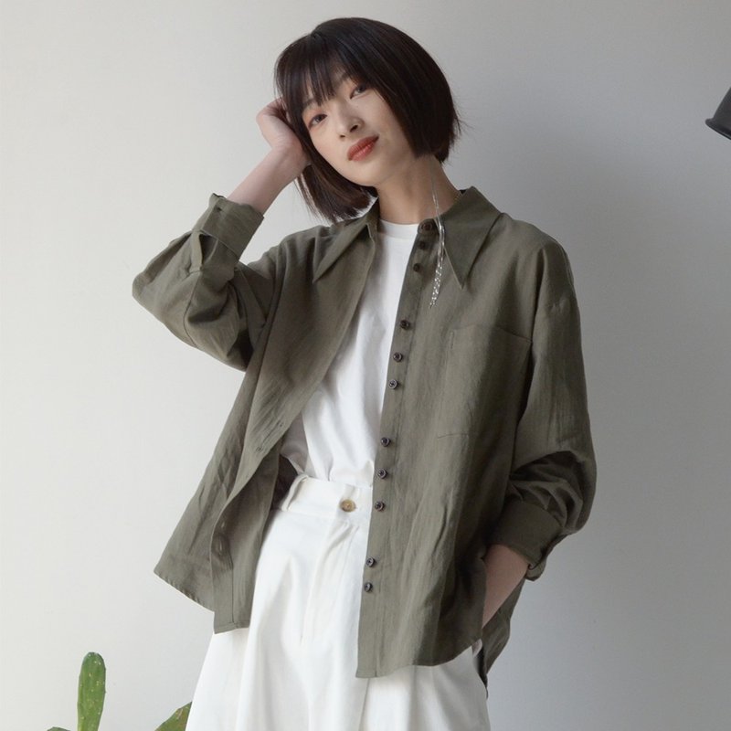 斜纹棉质长衬衫-橄榄绿|衬衫|春款|棉|Sora-258 - 女装衬衫 - 棉 