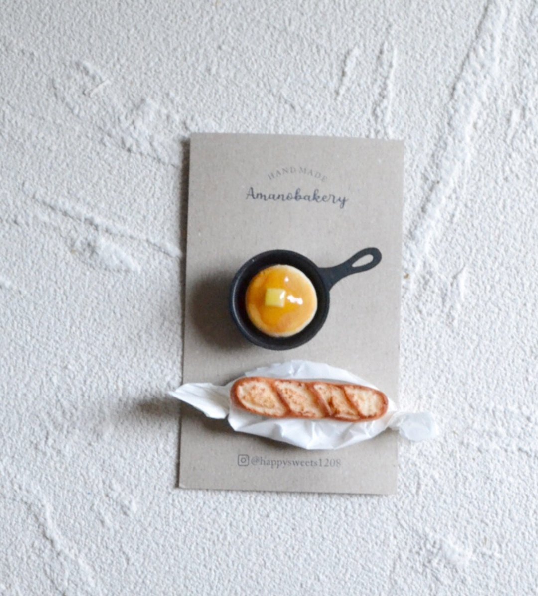 Baguette &amp; pancake brooch set - 耳环/耳夹 - 粘土 咖啡色