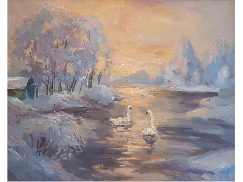 天鹅原创艺术品  冬季油画  风景油画艺术品 日落艺术 手工油画 - 海报/装饰画/版画 - 其他材质 多色