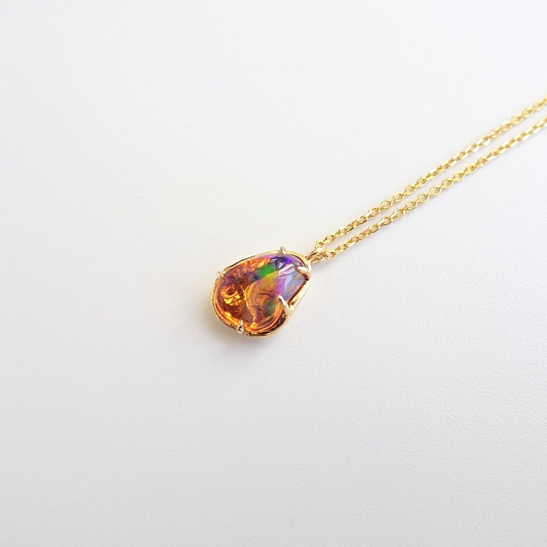 限量现货 - 天然游彩蛋白石爪镶 纯 18K 金项链 36/41cm 可调整 - 项链 - 宝石 橘色
