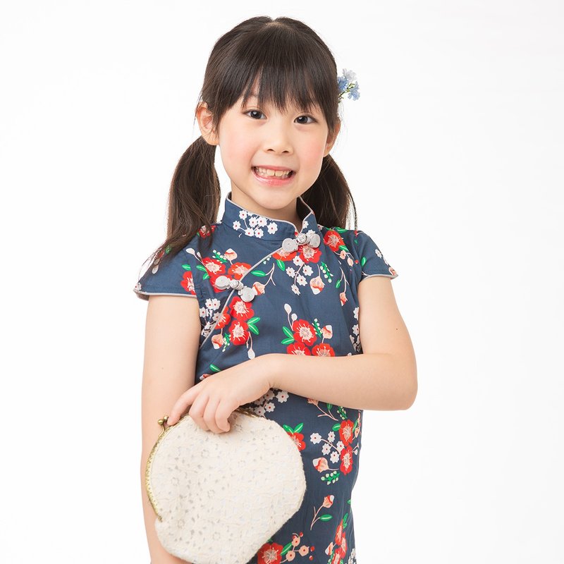 儿童旗袍 古风 四季款 红樱喜桃 - 旗袍 - 棉．麻 蓝色