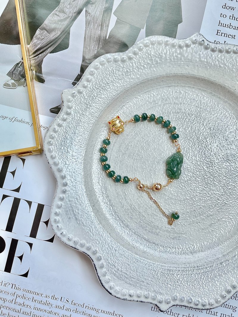 缅甸玉A货翡翠-老蓝水貔貅翡翠14k包金手链 Q版牛牛仔 玉 礼物 - 手链/手环 - 玉石 绿色