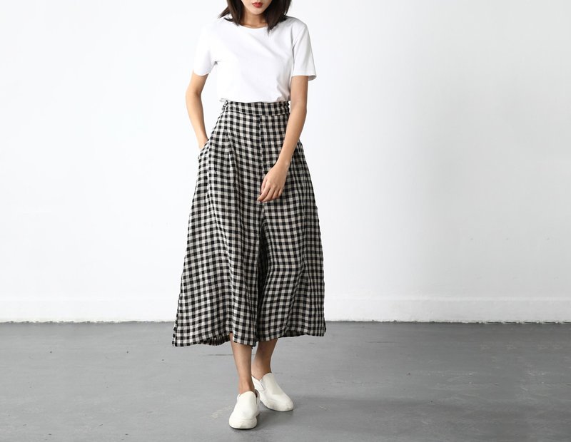 超质感亚麻阔腿裤 / 经典格子图案 / 宽松飘逸阔腿裤 - 女装长裤 - 亚麻 黑色