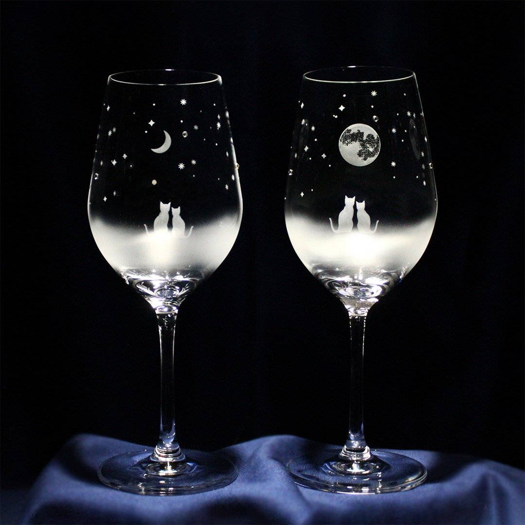 猫咪主题酒杯 一起看月牙与满月夜空 对杯组 - 玻璃杯 - 玻璃 透明