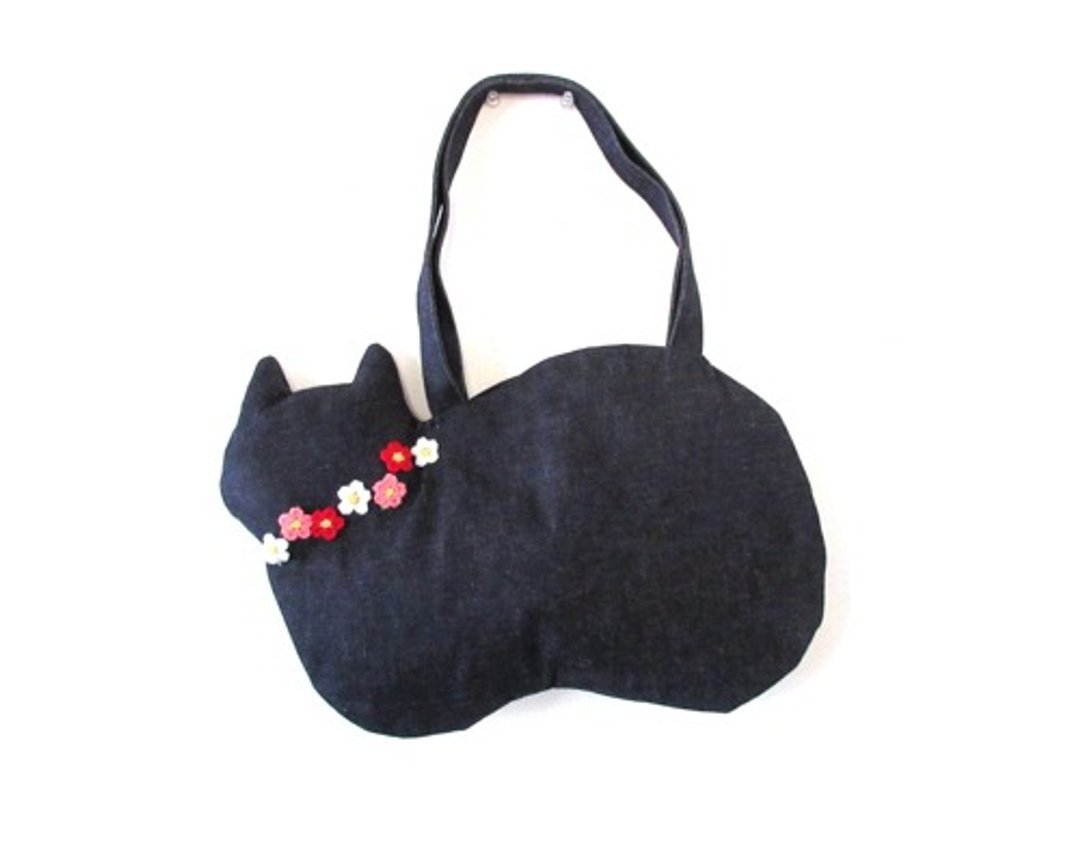 【新款】丹宁猫咪包 斜背款 花朵饰品 粉色 - 手提包/手提袋 - 棉 蓝色