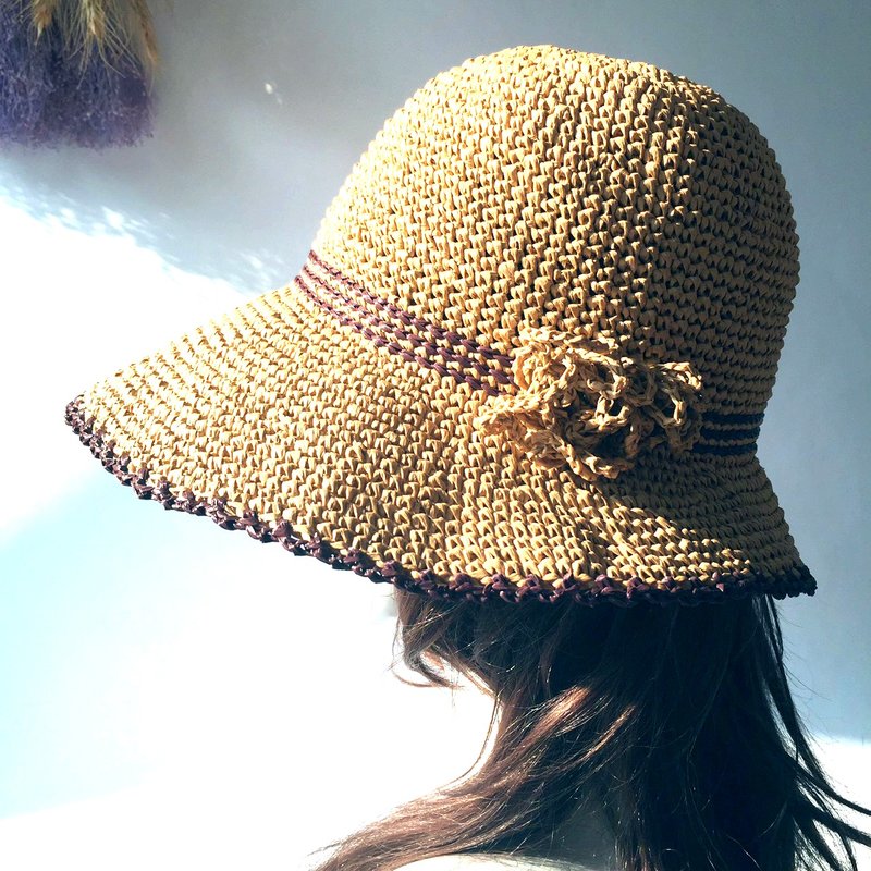 忘了自己手作编织遮阳㡌/纸拉菲草帽/草帽/手作帽 - 帽子 - 纸 卡其色