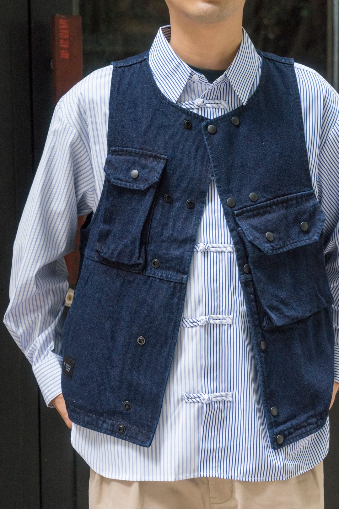 VEST 日系潮流單寧牛仔戶外多口袋馬甲 美式復古VINTAGE工裝背心 - 男装背心 - 棉 蓝色