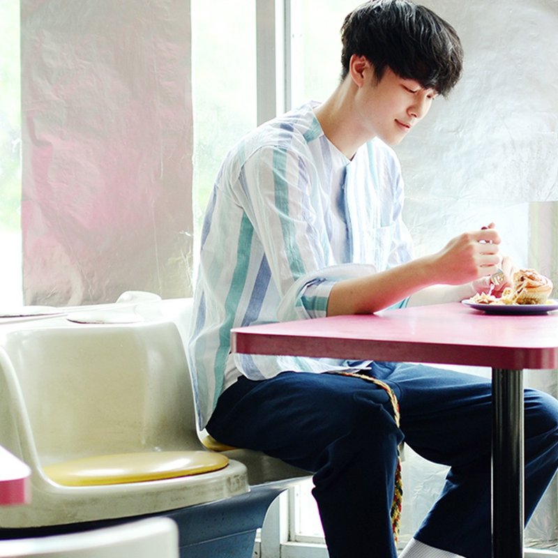 COOLMAX 条纹 无领 衬衫 - 男装衬衫 - 棉．麻 绿色