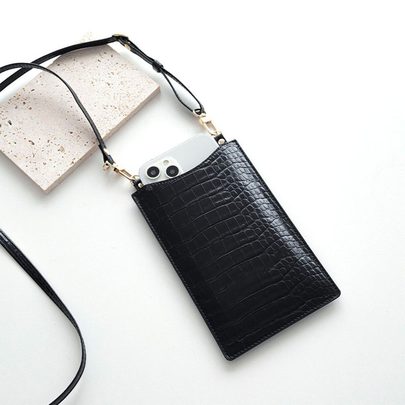 手机小斜背包 【 压纹鳄鱼纹 可刻字 】 手机侧背包 鳄鱼纹 文字刻印 HE01U - 侧背包/斜挎包 - 真皮 黑色
