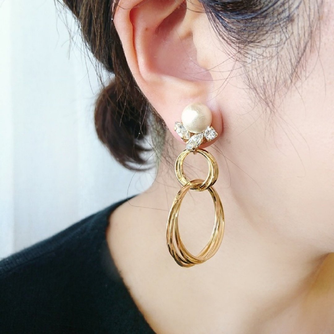 [2way] Cotton pearl and double ring Clip-On, earrings - 耳环/耳夹 - 水晶 金色