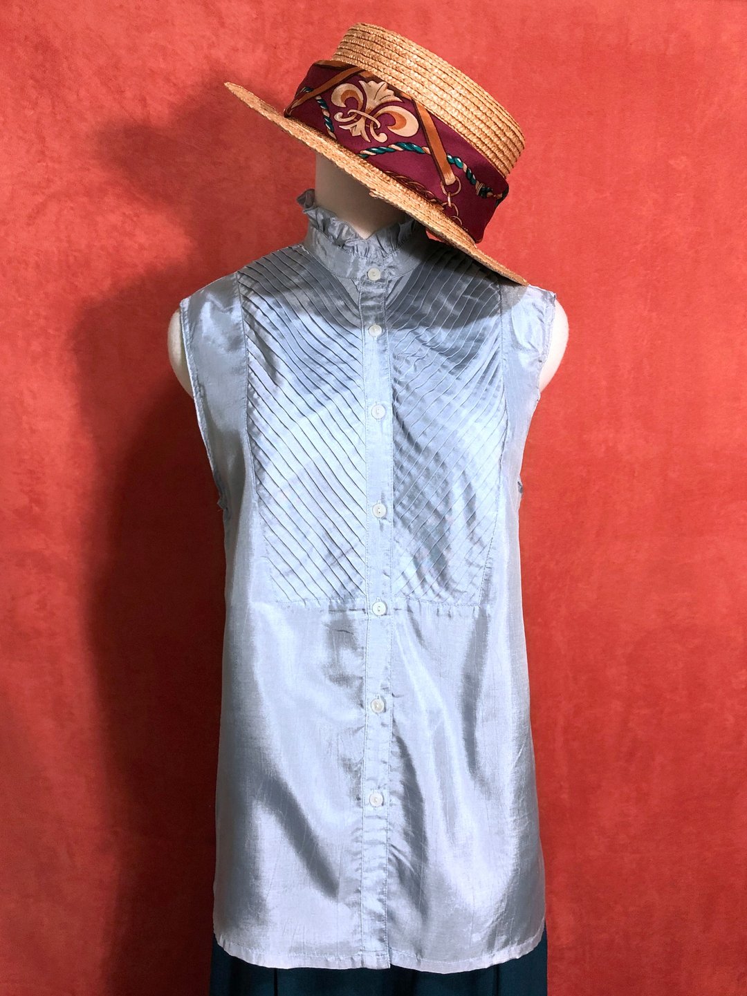 水光蓝荷叶边打褶无袖古着衬衫/ VINTAGE - 女装衬衫 - 聚酯纤维 蓝色