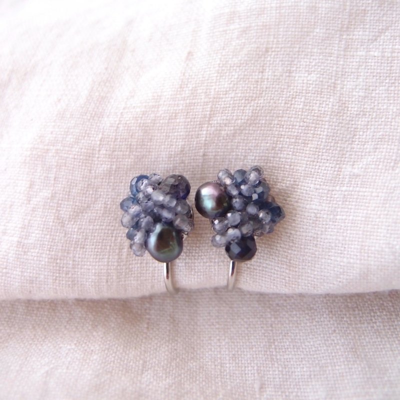 【天然石刺绣耳夹】堇青石 × 珍珠 × 蓝宝石 - 耳环/耳夹 - 宝石 蓝色