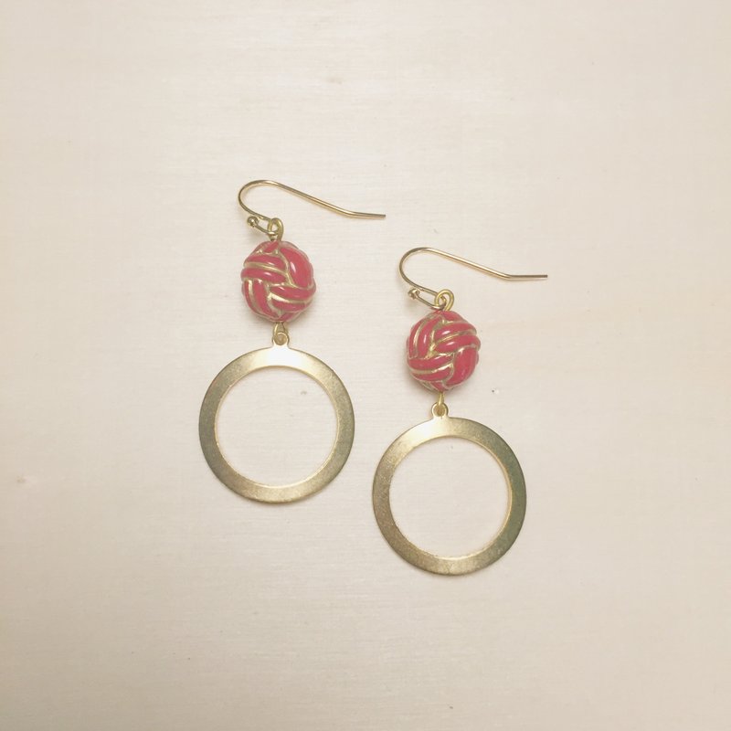 复古雕刻红绳结圈圈耳环 - 耳环/耳夹 - 树脂 红色