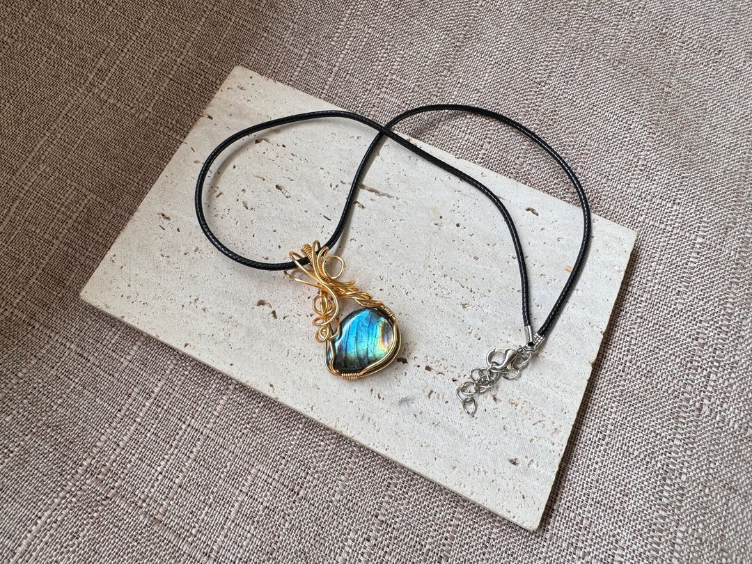 230357 wire wrapping 拉长石 铜线 绕线 吊堕 - 项链 - 铜/黄铜 蓝色