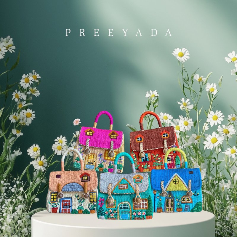 手工刺绣水芙蓉包 – 房屋图案，全新系列上市 - 手提包/手提袋 - 绣线 