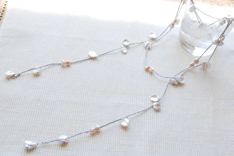Keshipearl Lariet Light Pink (also a long necklace) - 长链 - 宝石 银色