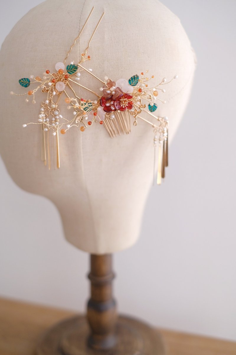 (绿叶粉晶)古典琉璃新娘头饰Bridal Headpiece,中式头饰(一套4件) - 发饰 - 玉石 红色