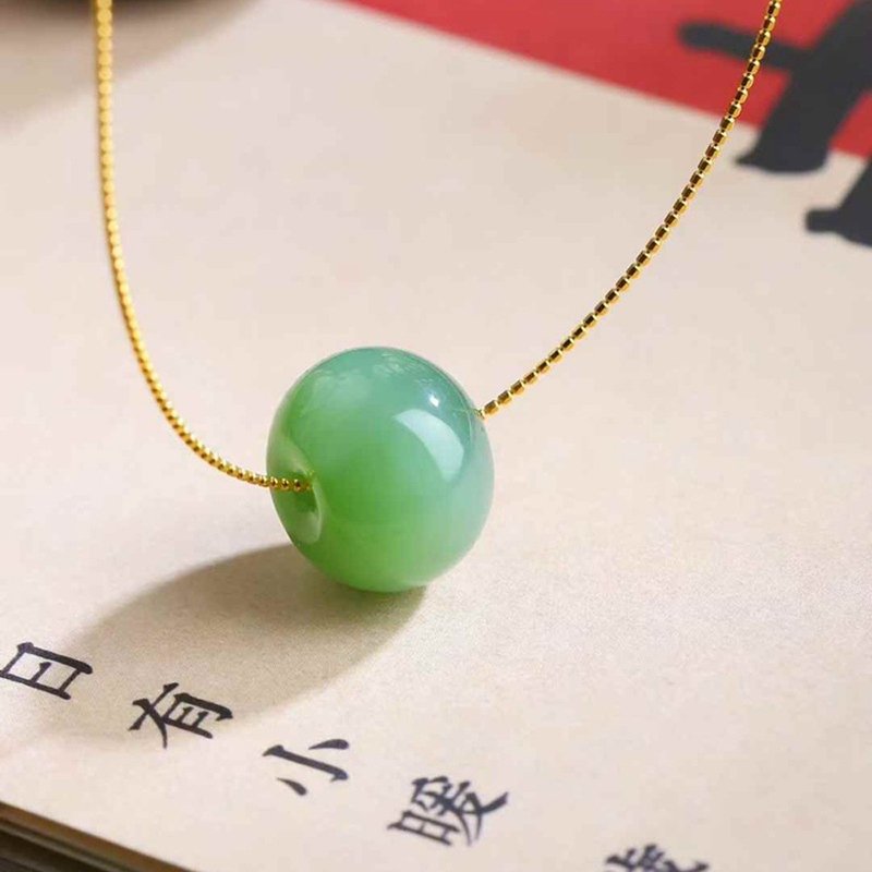 【转运珠】项链/天然新疆和田玉平安扣俄料碧玉 玉石 猫眼 /吊坠 - 项链 - 玉石 绿色
