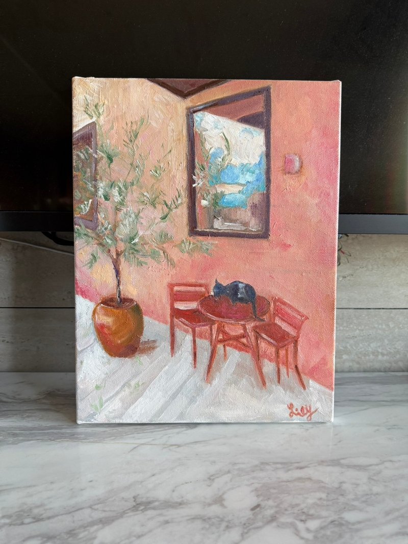 午后角落的黑猫 - 粉墙室内风景油画 手绘原作 - 海报/装饰画/版画 - 棉．麻 