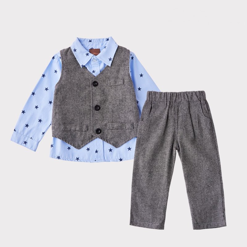 Academy系列星星长袖衬衫背心灰裤三件组 - 童装礼服/连衣裙 - 棉．麻 