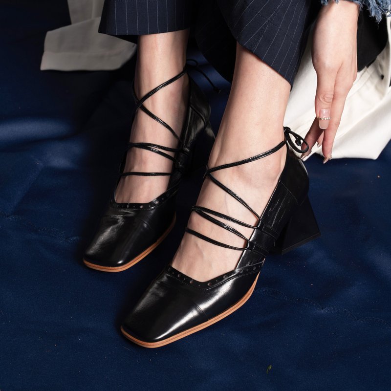 黑色绑带方头中跟鞋 - 高跟鞋 - 真皮 黑色