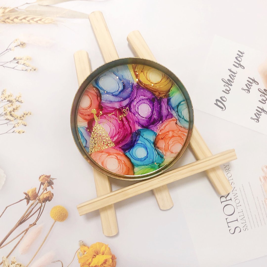 酒精墨水艺术复古金色圆形托盘 - Happiness with love - 摆饰 - 其他金属 多色