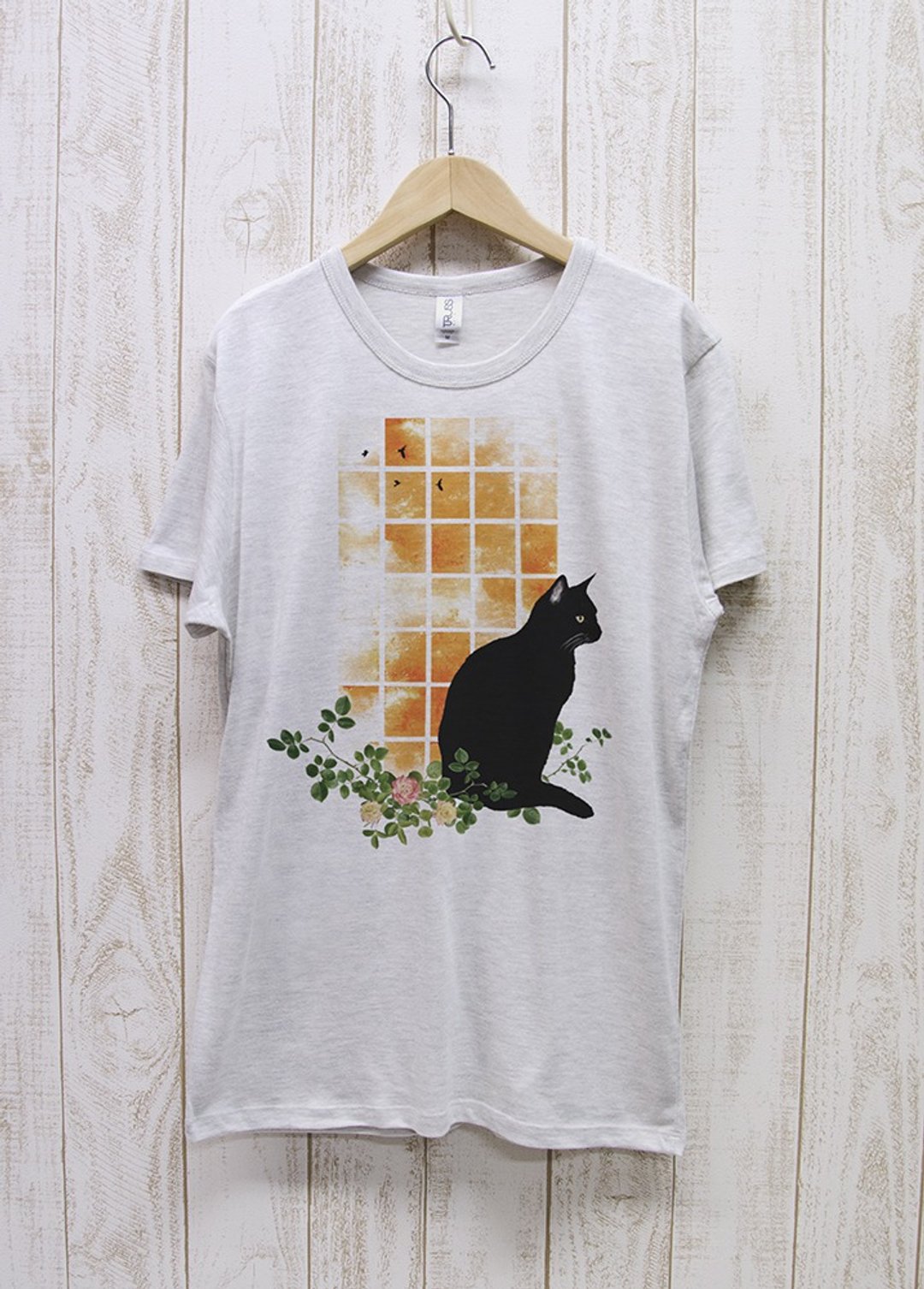 Standing Black Cat Window SUNSET Heather White / R030-TT-HWH - 中性连帽卫衣/T 恤 - 棉 白色