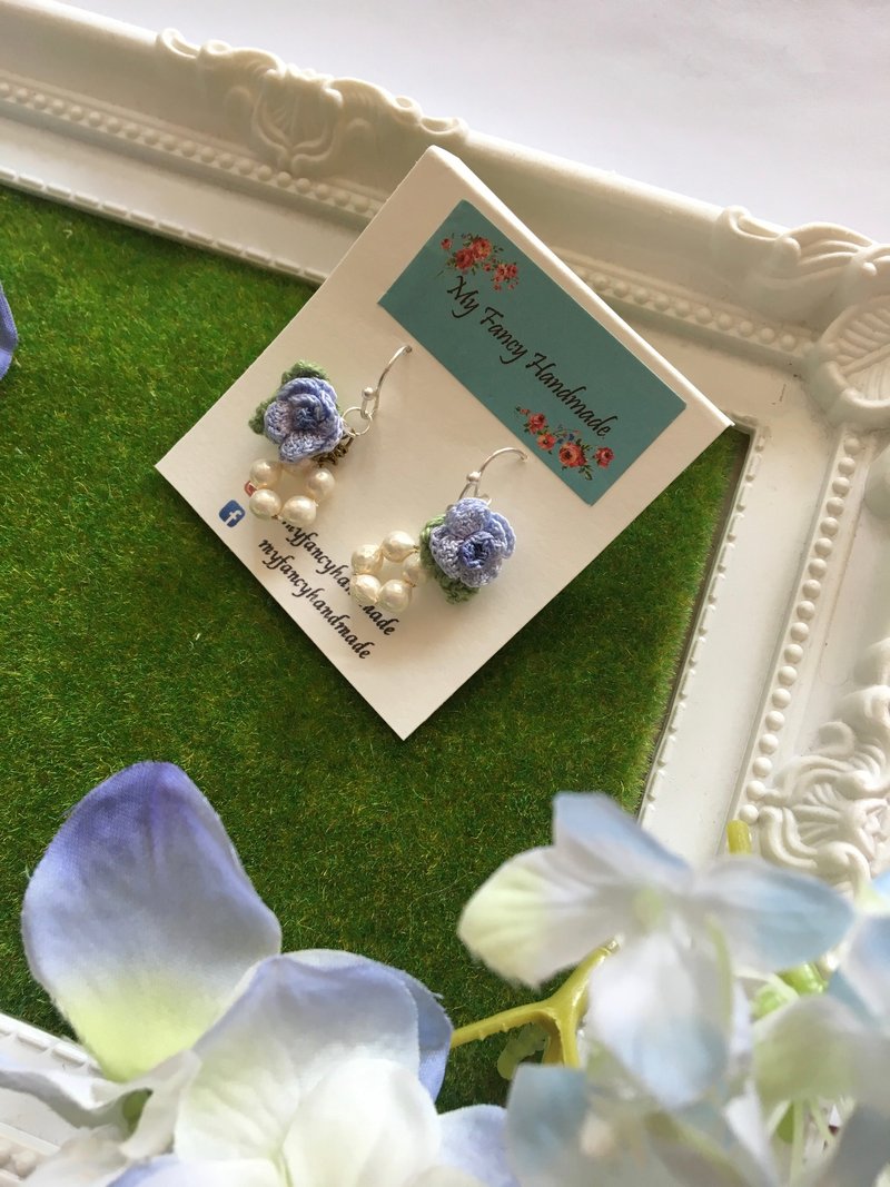 *My Fancy Handmade*手鈎紫蓝色玫瑰花耳环 - 耳环/耳夹 - 绣线 紫色