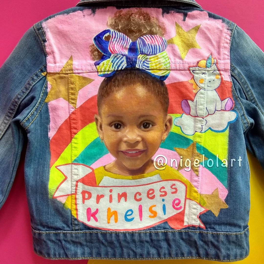 Custom Children Portrait jacket Painted Denim Jacket Handmade jacket - 女装休闲/机能外套 - 棉．麻 多色
