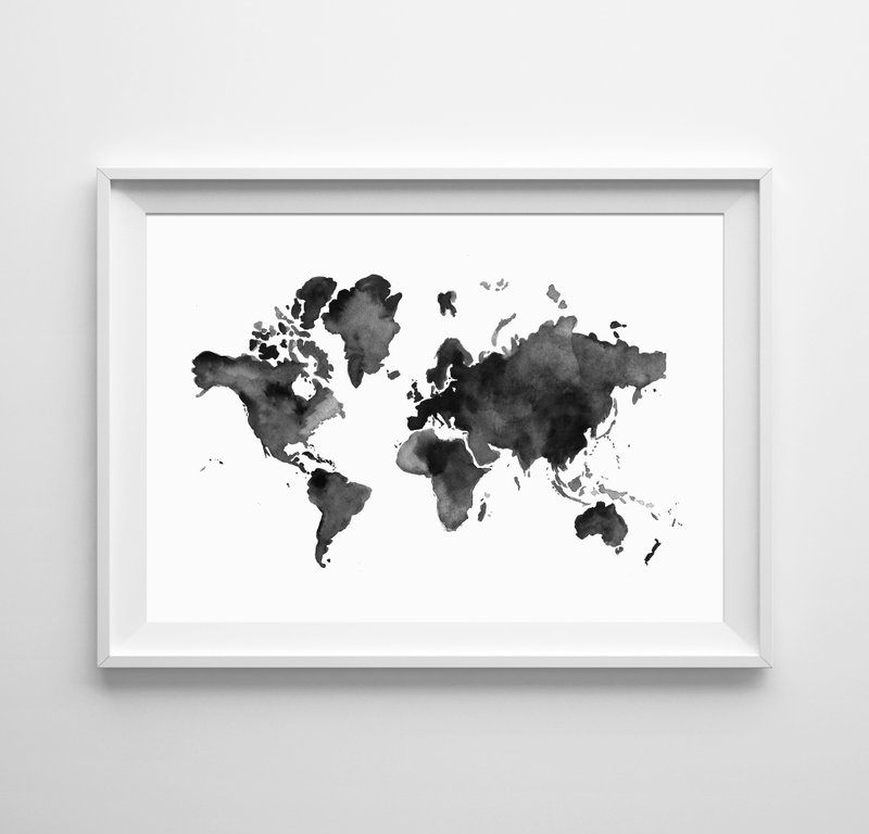 World map watercolor print black (2)可定制化 挂画 海报 - 墙贴/壁贴 - 纸 