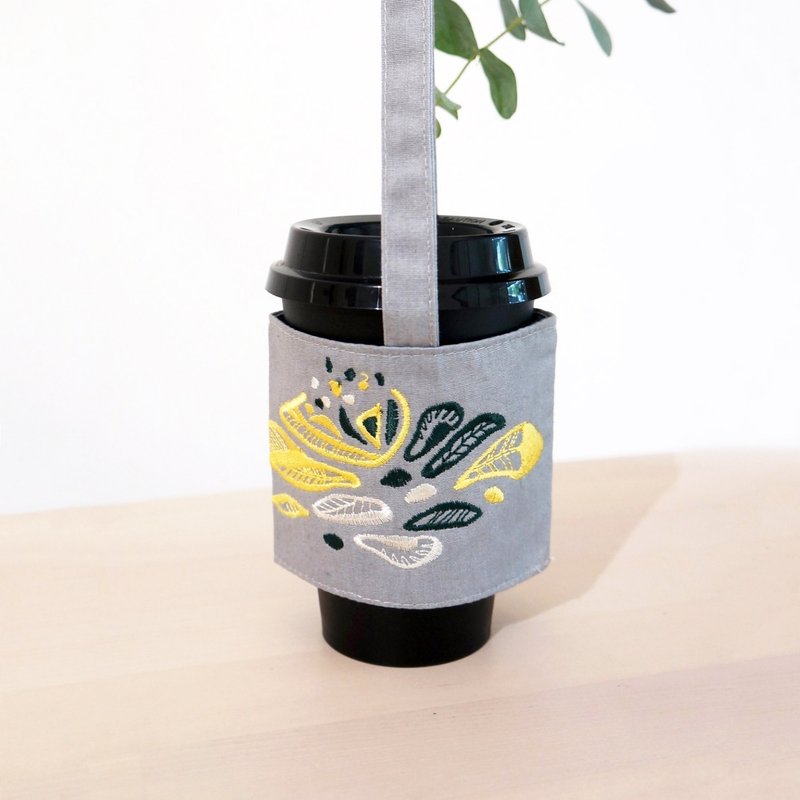 hsiu春意府城刺绣饮料提袋-鹅黄灰 - 其他 - 绣线 灰色