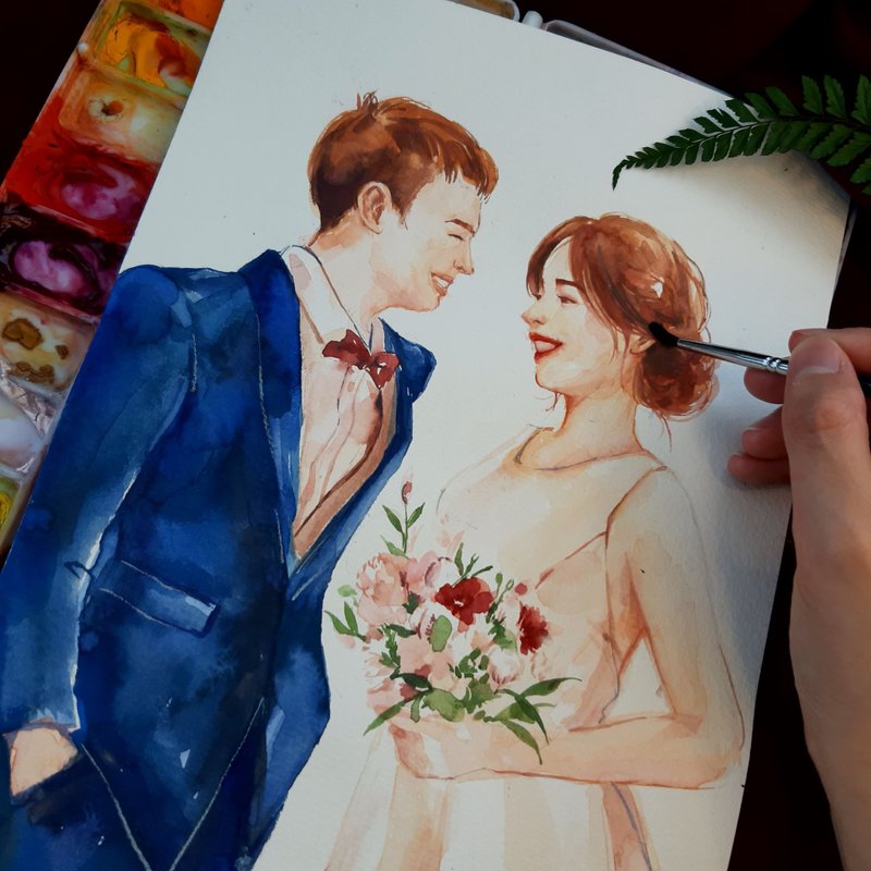 水彩订制 似颜绘画像 婚礼人物手绘 结婚书约礼盒 - 婚礼誓言书 - 纸 