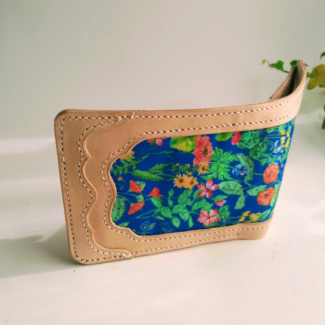 Genuine cowlether - hand-sewn - bi-fold wallet with Liberty blue-floralーdouble - 皮夹/钱包 - 真皮 蓝色