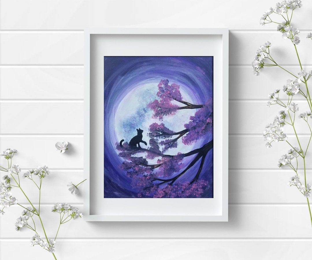Moon Painting, Tree Art, Night Painting, Landscape Painting, Cat Painting - 海报/装饰画/版画 - 压克力 多色