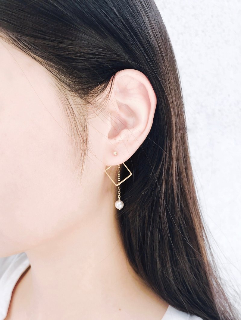 菱框珍珠 14kgf 后扣式珍珠耳环 可改夹式 - 耳环/耳夹 - 其他金属 金色