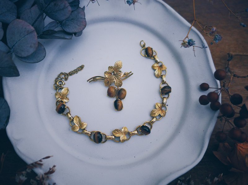 Wells 金枫叶虎眼石套组胸针手链－美国古董首饰 Vintage Jewelry - 胸针 - 半宝石 