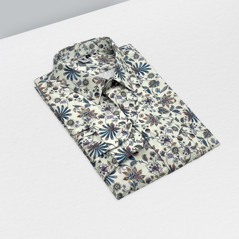 蓝花米色衬衫 - 男装衬衫 - 棉．麻 卡其色