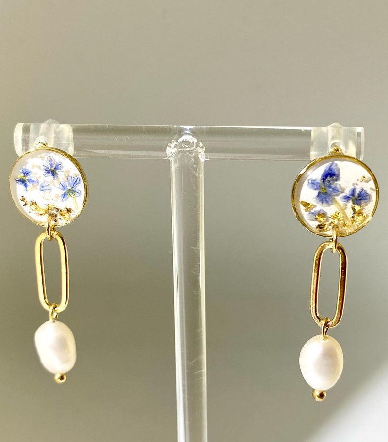 真花配淡水珍珠 可改耳夹 - 耳环/耳夹 - 植物．花 蓝色