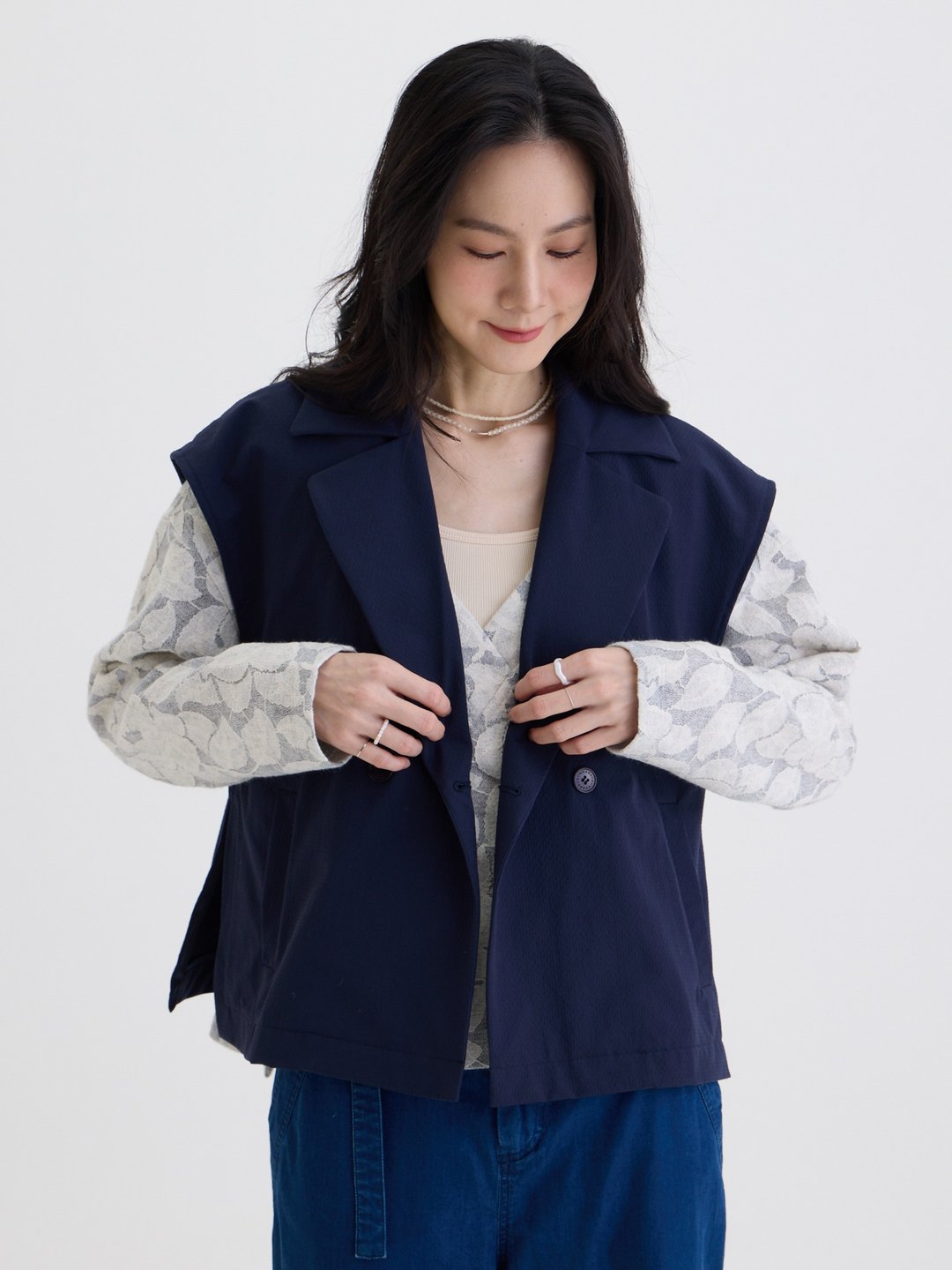 杰克西装领背心罩衫-藏青 - 女装背心 - 棉 蓝色