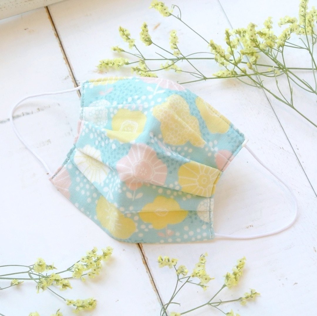 可洗涤、舒适且可爱的手工立体口罩 Flower hail Mint 日本布料 手作 | TEMARIYA - 口罩 - 棉 绿色